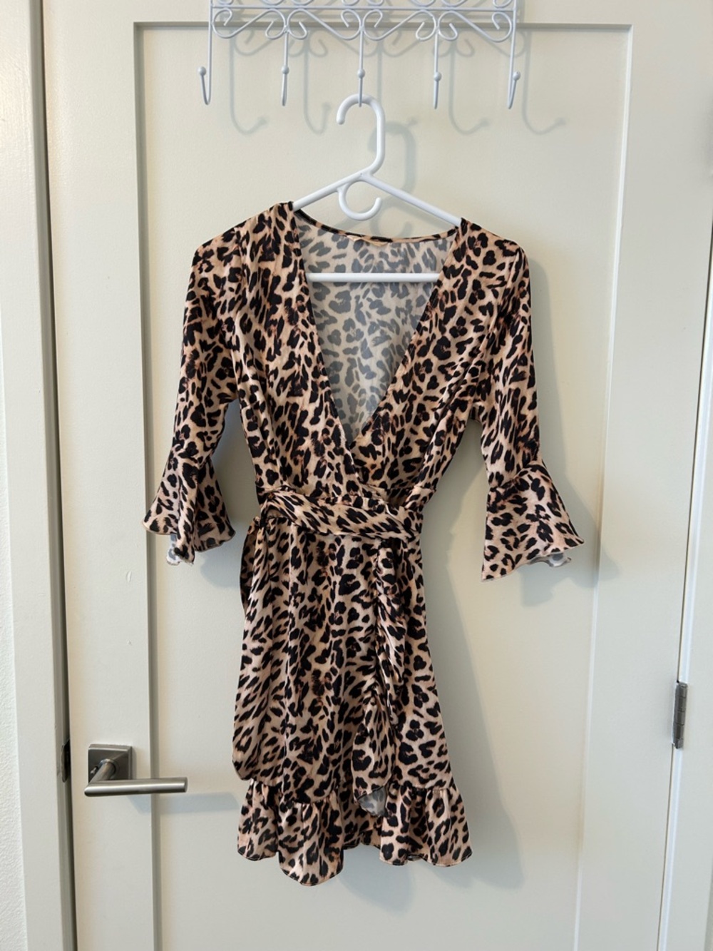 Leopard Print Wrap Dress in Beige and Black
